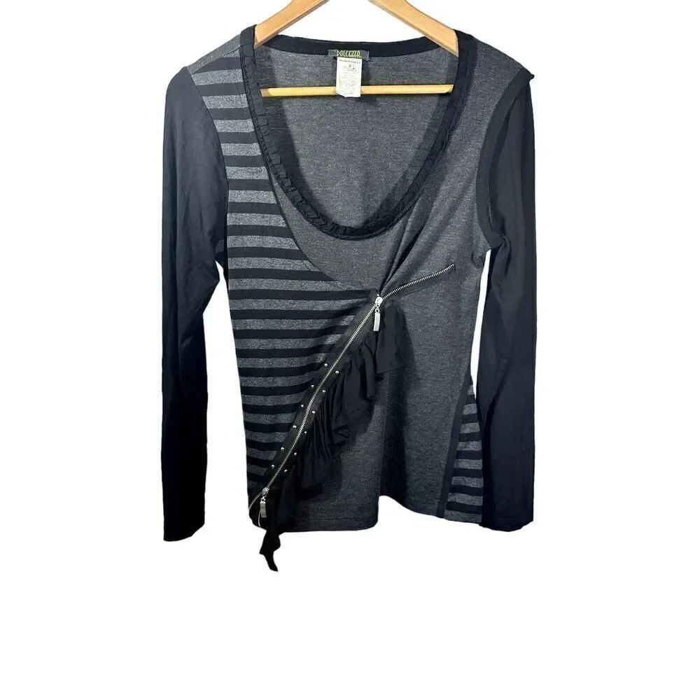 DOLCEZZA Women's Mixed Media Assymetric Zip Long Sleeve Top Gray Size Small